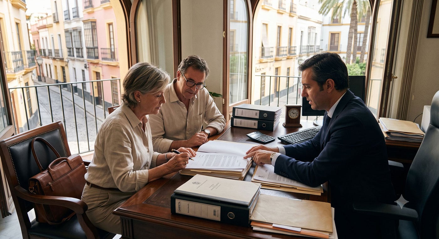 Homebuyers reviewing property purchase documents with a notary in Spain.
